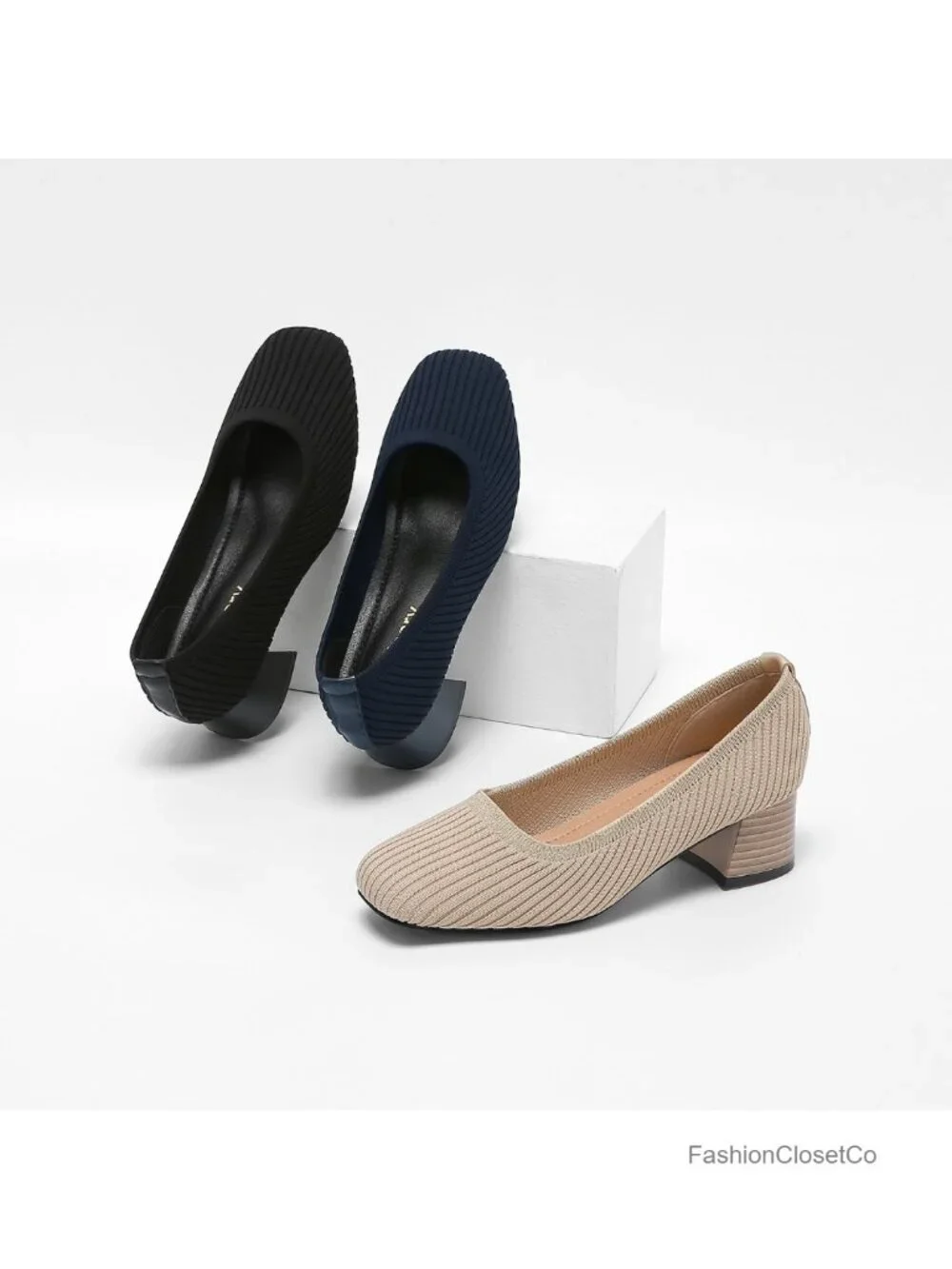 Womens Square Toe Knit Pumps Low Heel Dress Shoes Slip On Comfort Work Heels